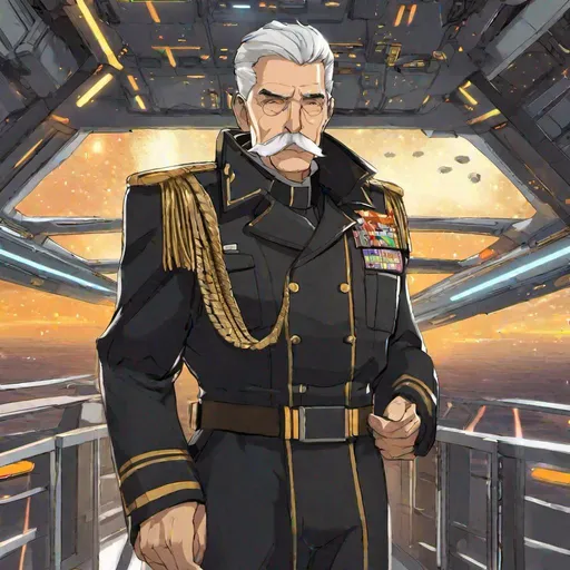 Prompt: An old evil male scifi space navy officer. He is an old man with grey hairs and mustaches. He wears a scifi black uniform with golden grades. he stands on the bridge of a spaceship, while soldiers works in the background.  anime art. Aniplex art. 2d art. 2d. well draw face. detailed.