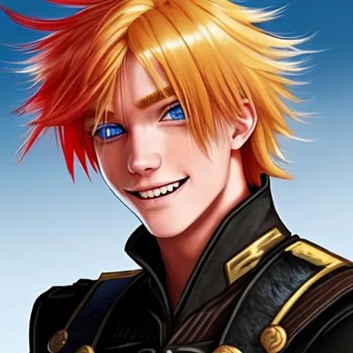Prompt: 

 He is honorable, self-sacrificing, and respectful, has blond hair  with red streks and blue eyes big goofy smile and is emo












