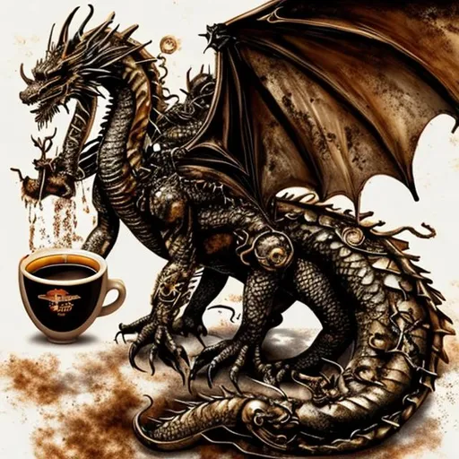 Prompt: dragon steampunk with coffee spill art