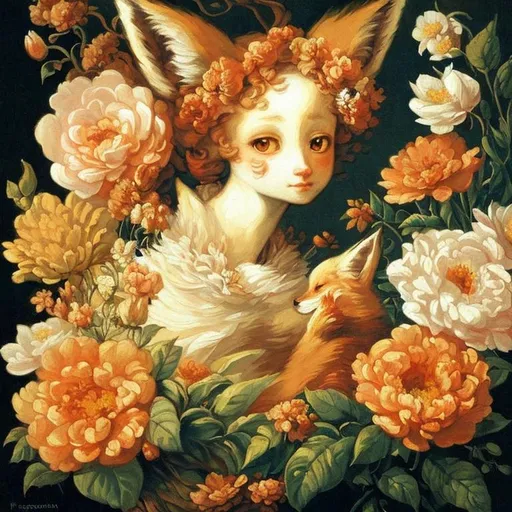 Prompt: fox, flowers, painting, style of fragonard, 