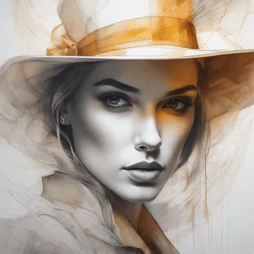 Prompt: drawing of a woman in a hat, in the style of futuristic realism, layered portraits, ethereal figures, split toning, graceful sculptures, serene faces, dark white and amber 