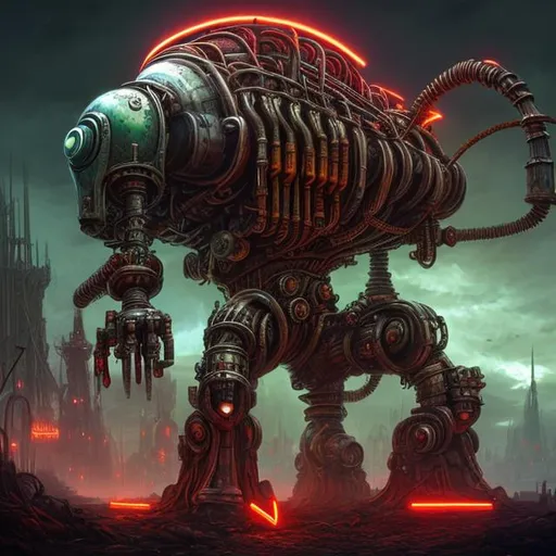 Prompt: Fantasy art style, painting, metal, chrome, Evil, dictatorship, green neon lights, neon lights, green lights, futuristic, biological mechanical war machine, biological mechanical, dystopian, war machine, pipes, tubes, cables, nuclear weapons, weapons, eyes, teeth, brutalist, fog, smog