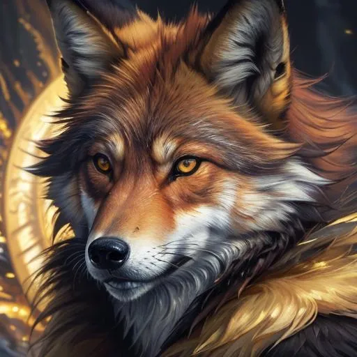 Prompt: masterpiece, epic oil painting, epic digital art, fantasy art, insanely beautiful portrait of a brawny rugged fox-wolf, (quadrupedal canine), UHD, HDR , 8k eyes, detailed face, big anime intense eyes, gold leaf wreath, dense bright gold fur, close up, cinematic lighting, hyper realistic, hyper realistic fur, 8k, complementary colors, insanely beautiful and detailed mountain peak castle, golden ratio, high octane render, photo realism, fantasy direwolf, volumetric lighting, glaring, growling, wise, depth, high definition face, highly detailed intense shading, intricate details, insanely detailed, unreal 5, concept art, artstation, top model, sunlight on hair, sparkling gold jewels on crest, intricate hyper detailed breathtaking colorful glamorous scenic view landscape, ultra-fine details, hyper-focused, deep colors, intense colors, dramatic lighting, ambient lighting, by sakimi chan, anne stokes, artgerm, wlop, pixiv, tumblr, instagram, deviantart