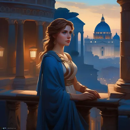 Prompt: Third person, gameplay, ancient Roman girl, pale skin, light brown hair, blue eyes, Rome at night, fog, blue atmosphere, cartoony style, extremely detailed painting by Greg Rutkowski and by Henry Justice Ford and by Steve Henderson 