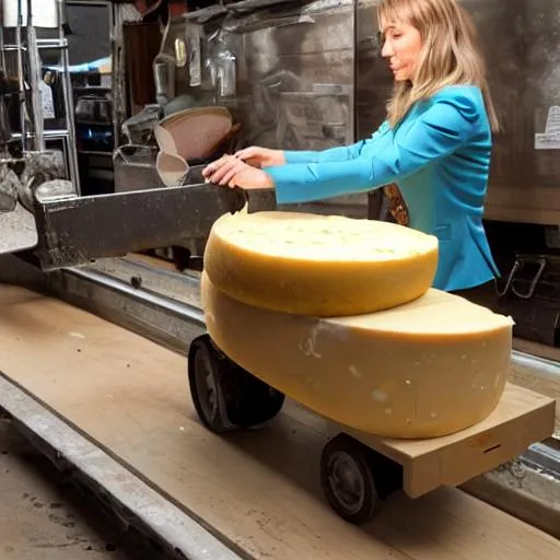 Prompt: Create an photo of a professional woman moving a large wheel of cheese 
