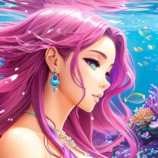 Prompt: a beautiful mermaid with brown skin and purple hair is swimming under the sea, art by masashi kishimoto, anime style, 4k, artstation


