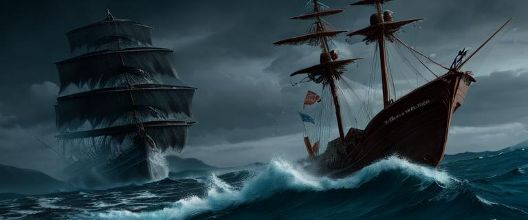 Sea monster, Boat, destruction, full sails, UHD, sin... | OpenArt