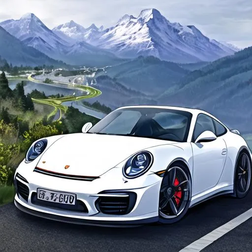 Prompt: Porsche 911, fantasy, mountain road, vivid,