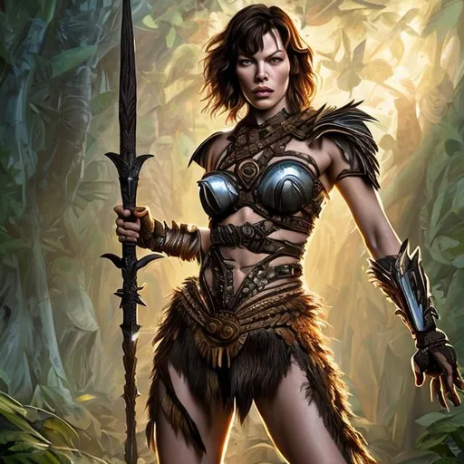 Prompt: Full body portrait of Milla Jovovich as an Amazon warrior with black hair and with cute face, full body portrait in bikini holding a mace, forest, perfect composition, hyperrealistic, super detailed, 8k, high quality, trending art, trending on artstation, studio photo, intricate details, highly detailed