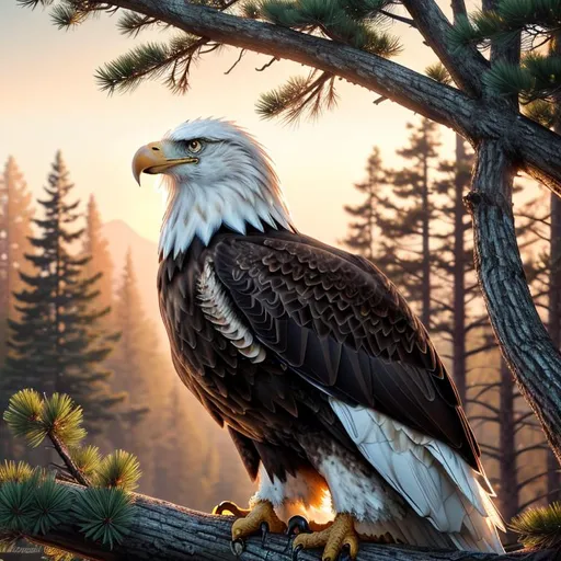 Prompt: HD,3D, Epic, Stunning, Vivid, Majestic, Extreme closeup of {American Bald Eagle} nesting in pine tree, expansive forest at sunset background, Hazy, expansive plains background, digital painting, uber detailed, 64k, high quality, sharp focus, studio photo, intricate details, highly detailed, Perfect viewpoint, highly detailed, wide-angle lens, hyper realistic, with dramatic night sky, polarizing filter, natural lighting, vivid colors, everything in sharp focus, HDR, UHD, --s98500