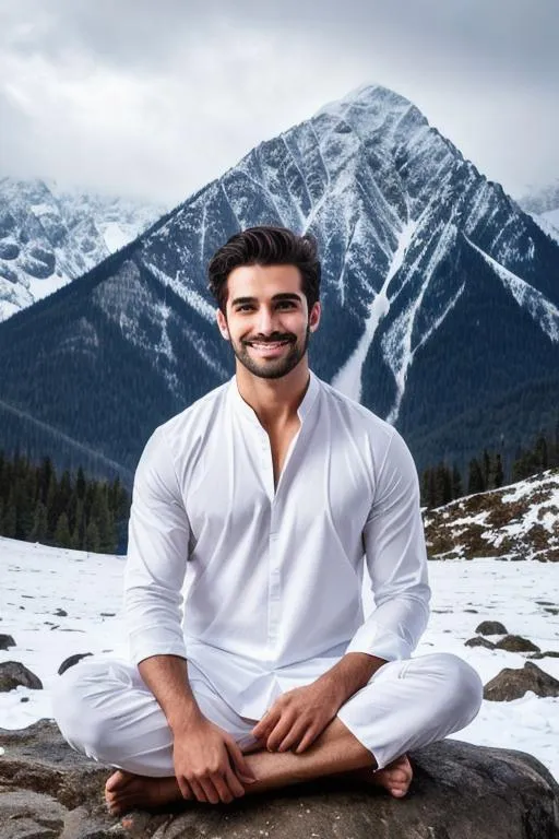 Prompt: a scene of ""hyperreal face", "meditate", lost in god,"parsi hyperreal handsome rugged boy" in "hyperreal stormy snow mountain", smile, white kameez, detailed, hyperreal, sitting, arena, perfect composition, hyperrealistic, super detailed, 8k, high quality, trending art, trending on artstation, sharp focus, studio photo, intricate details, highly detailed, by greg rutkowski
