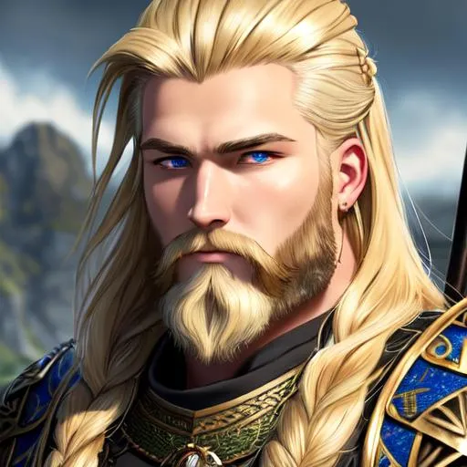 Prompt: oil painting, fantasy, a young human man viking with dirty blonde hair tied back and neatly trimmed dirty blonde beard and green eyes | Warrior wearing Japanese armor wielding a large Spear with both hands , #3238, UHD, hd , 8k eyes, detailed face, big anime dreamy eyes, 8k eyes, intricate details, insanely detailed, masterpiece, cinematic lighting, 8k, complementary colors, golden ratio, octane render, volumetric lighting, unreal 5, artwork, concept art, cover, top model, light on hair colorful glamourous hyperdetailed medieval city background, intricate hyperdetailed breathtaking colorful glamorous scenic view landscape, ultra-fine details, hyper-focused, deep colors, dramatic lighting, ambient lighting god rays, flowers, garden | by sakimi chan, artgerm, wlop, pixiv, tumblr, instagram, deviantart