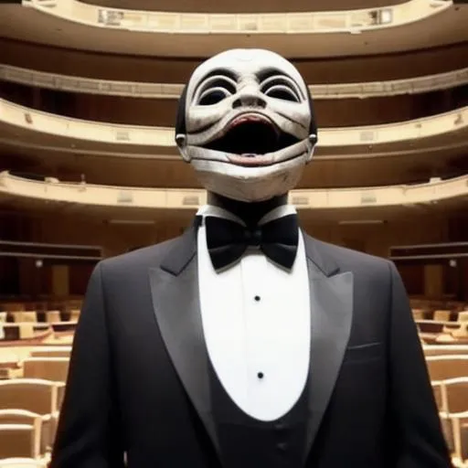 Prompt: A mummy in a tuxedo is singing at a concert hall, captured in slow motion.