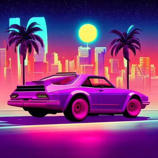 Prompt: retro car scene, miami, retrowave, neon, synthwave, vaporwave, highly detailed