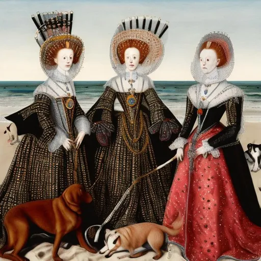 Prompt: Elizabeth I is at the beach with dogs