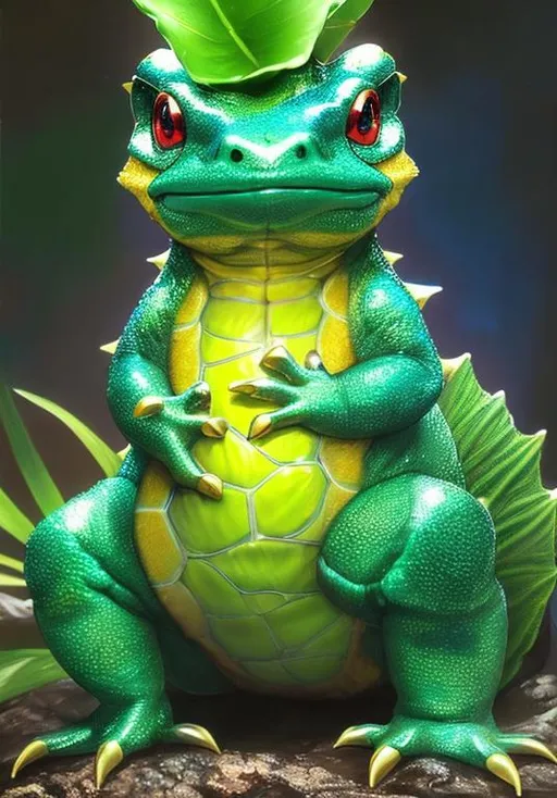 Prompt: UHD, , 8k,  oil painting, hyper realism, Very detailed, zoomed out view of character, HD, High Quality, Anime, Pokemon, Ivysaur, blue-green quadrupedal amphibian, green plant bulb on back,  blue skin with darker patches, It has red eyes with white pupils, pointed, ear-like structures on top of its head, and a short, blunt snout with a wide mouth, A pair of small, pointed teeth are visible in the upper jaw when its mouth is open, Each of its thick legs ends with three sharp claws, The bulb on its back has bloomed into a large pink bud. A short brown trunk surrounded by leafy green fronds supports the bud.

The weight of the plant prevents Ivysaur from running fast and standing on its hind legs, forcing its legs to grow sturdy. When its flower is ready to bloom, it gives off a distinct, sweet-smelling aroma and starts swelling. Ivysaur will also start spending more time in sunlight in preparation for its upcoming evolution. Exposure to sunlight adds to the strength of both Ivysaur and its plant., forest, Pokémon by Frank Frazetta