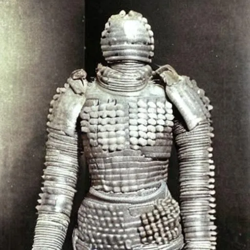 Prompt: a woman armour made out of asbestos fibers. 