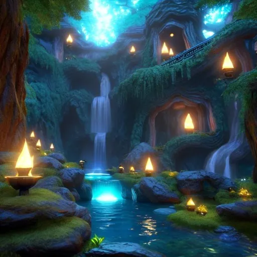 Prompt: Envision a glowing waterfall in a lush forest. Fantasy, another dimension. Hyperrealistic, UHD, HD, 8K, a portal rests besides the river