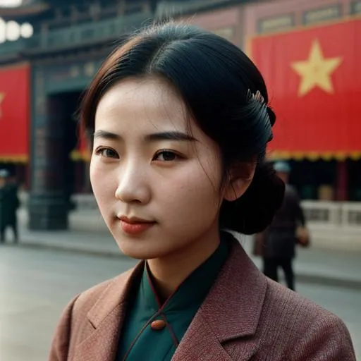 Prompt: HD colorful photo of a beautiful Chinese woman proletarian revolution, 1948 china, age=19, Chinese prosperity, maoist china