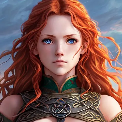 Prompt: A high quality anime young celtic warrior woman portrait, has blue eyes and red wavy hair, symmetrical face, accurate anatomy delicate, skinny body , soft light, deep colors, cinematic, celtic settlement background, perspective, ambient lighting, concept art, sharp focus, full body picture, chest, waist, legs