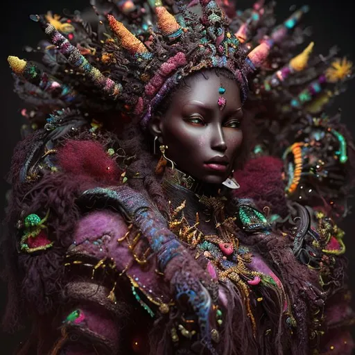 Prompt: needle-felted queen, dark skin, multicolored, intricate details, insane details, volumetric lighting