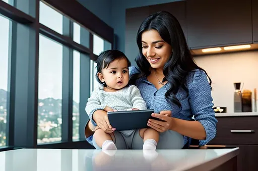 Prompt: hispanic woman with baby on lap, black hair, wearing square neck tunic with long sleeves looking at a realistic high-end computer, large monitor, realistic keyboard, dream home office, well-lit, beautiful view, photorealistic, dark blue walls, glowing uranium glass plates on shelves, busy