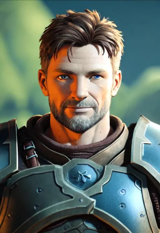 Prompt: Digital Art, 45-year-old viking man, brown hair, medium length wavy hair, subtle smile, short trimmed beard, short trimmed mustache, brown eyes, blue gear, yellow armor, unreal engine 8k octane, 3d lighting, full body, full armor