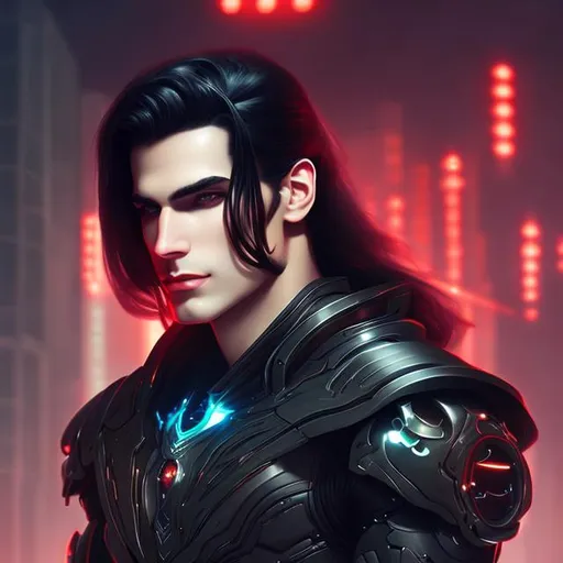 Prompt: Handsome man, muscular, long black hair, pale skin, fantasy art style, painting, futuristic, dystopian, robotic, biological mechanical, evil, full body, red lights