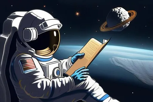 Prompt: An astronaut flying in space reading a book on a asteroid