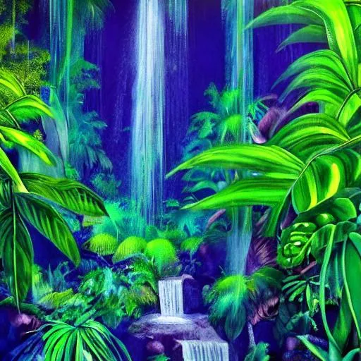 Prompt: bright green jungle abstract impressionism deep hidden exotic waterfall peaceful quiet dark blue purple brown fecund solemn