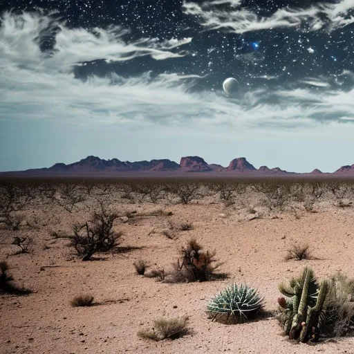 Prompt: Space desert desolation cactus horizon wind
