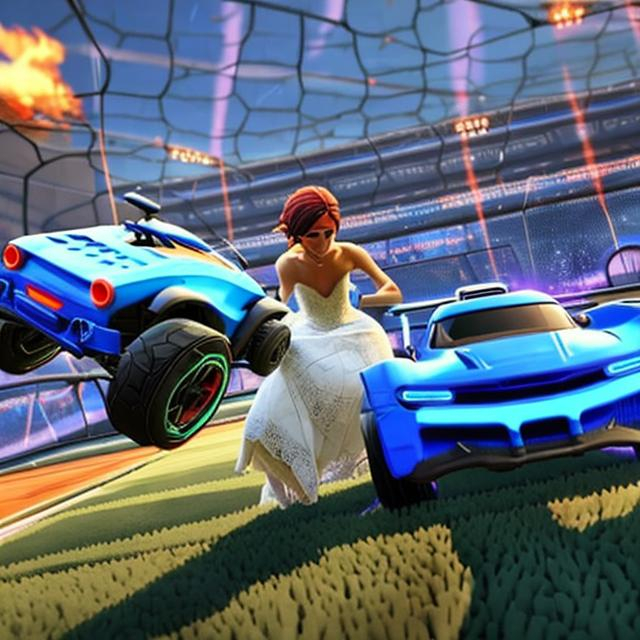 Crying bride watching rocket league, several cars in... | OpenArt