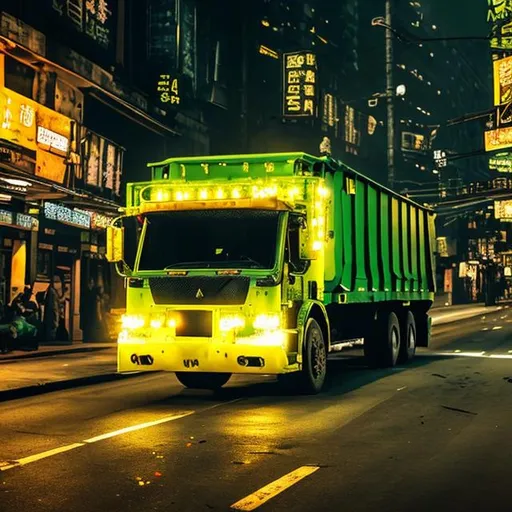 Prompt: Armoured yellow as d green garbage truck in dark city street