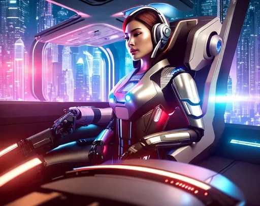 Prompt: a spaceship pilot in a reflective suit with robotic limbs, laying down in a pod, in a cyberpunk setting, cyborg, implants, high details, realistic , professionally colour graded, photorealism, 8k, grim dark lighting, art by sakimichan