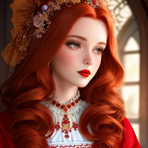 Prompt: CGI. A profoundly fair demure redhead woman dressed conservatively in dull brown maid gown.
Fantasy, stylized, elegant feminine clothing, red gloss lips, rosy cheeks, mystical vibe.