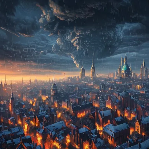 Prompt: professional oil-painting of {a rainy modern fantasy town, domes, winter, dark, visible towers}, perfect viewpoint, highly detailed, drone photo, wide-angle lens, hyper realistic, with dramatic sky, in the style of Little Nightmares, vivid colors, everything in sharp focus, HDR, UHD, 64K