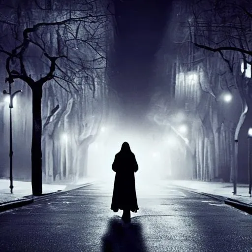 Prompt: Scary image old lady in a black dress walking alone in the night on deserted street
