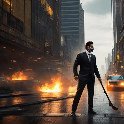 Prompt: {highly detailed, masterpiece, 4k hdr}. a Man wearing a nice business suit, with a bronze mask covering his face. wielding a spear. wandering through a post-apocalypse city, walking in the rain,