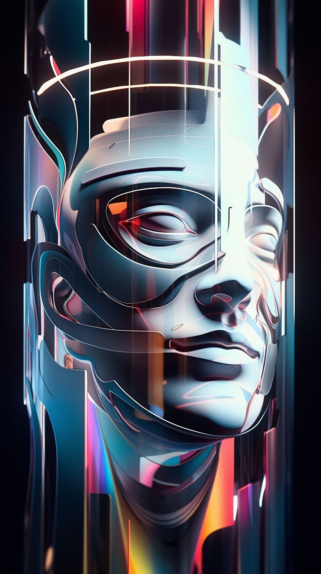 Prompt: a picture of a head within a glass, in the style of video feedback loops, stripes and shapes, machine aesthetics, light silver and dark navy, future tech, alex ross, calming and introspective aesthetic