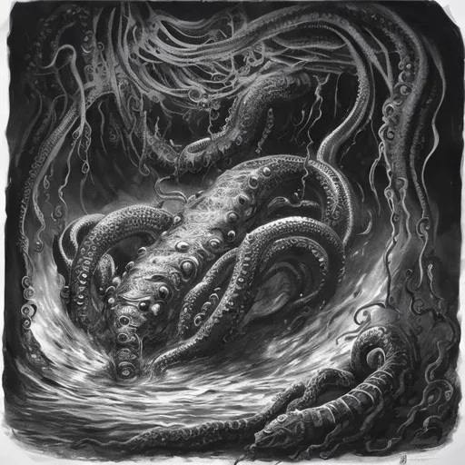 Prompt: A india ink lithograph of an Aboleth emerging from a sea fed pool in a cave. Its tentacles reaching out towards a butler-like cultist.