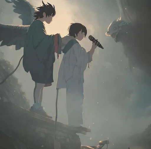 Prompt: mythical epic vibe, Spirited away, boy with microphone, ultra hd