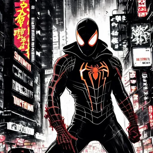 Prompt: Gritty Todd McFarlane style black and neon Spiderman. Full body. Gritty, futuristic army-trained villain. Bloody. Hurt. Damaged. Accurate. realistic. evil eyes. Slow exposure. Detailed. Dirty. Dark and gritty. Post-apocalyptic Neo Tokyo .Futuristic. Shadows. Armed. Fanatic. Intense. 