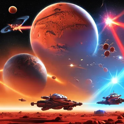 Prompt: a movie poster with the planet Mars as a background.  In the foreground two different starships are in a battle with lasers and missiles