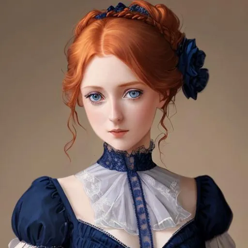 Prompt: beautiful Victorian young woman with strawberry blonde hair and light blue eyes wearing a dark blue gown,facial closeup