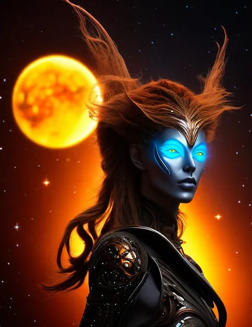 Prompt: An Alien, a stranger, an exotic princess from Tau Ceti. Starlight. Translucent, holographic, airy, light. Wild, unbridled, impulsive. Orange, bronze, gold, and black. mixed media in the style of Boris Vallejo and Luis Royo. Brown-blond hair. Hair straight, shaggy, thin, and windswept. Detailed hair. Curls at the forehead.  Their right eye is half covered by a hairpin. Eyebrows thin. (((Eyes green and blue))), almond-shaped. Nose straight, thin. Lips half open. Lips natural color. (((Stardust on cheeks))). The left side of the face 60% covered with (((tattoos))) and (((implants))). Tattoos, implants bronze and gold. Implant thin lines. Detailed tattoos, implants. (((Head and face portrait.))) Digital 3D Art, perfect composition, beautiful detailed intricate crazy detailed octane render trendy art-station, 8 k art photography, photo-realistic concept.