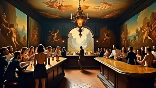 Prompt: surreal bar in hell by DaVinci, hedonistic dancing people, animals Salvador Dali, wide shot, baroque painting, dreamlike atmosphere, beautiful detailed intricate insanely detail, soft natural volumetric cinematic perfect light, masterpiece