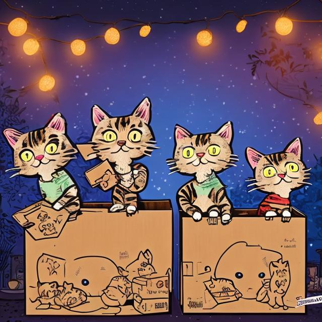 3 cute cats in cardboard boxes, fairylights, party...