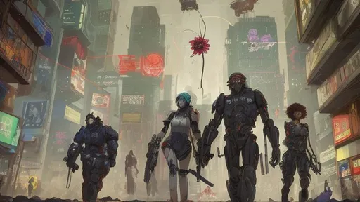 Prompt: Cyberpunk mechs, Riots in the streets, corporate corruption, cities burning, and a single flower in the chaos, tear gas, gas masks, pills, cash money