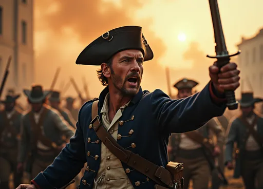 Prompt: A brave revolutionary war infantry soldier charges resolute in the foreground, his weathered uniform a mixture of navy blue and faded gray, reflecting the chaos of battle. His determined expression is illuminated by the flickering light of cannon fire, casting dramatic shadows across his face as he yells commands to his troops. He raises his sword to point the way to the men behind them. Behind him, a platoon of soldiers, faces tense with resolve, surge forward, muskets in hand, as they defend their town against the British soldiers. The city is shrouded in swirling, thick smoke that creeps ominously through the air, illuminated by the amber glow of the sun at midday piercing through the haze. The distant echoes of cannon blasts ripple through the atmosphere, heightening the tension of this pivotal moment in history. This scene unfolds in a cinematic, photorealistic style that captures both the heroism and the grim reality of war.