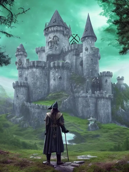 Prompt: Wizard standing in front of castle. Pagan symbols. Green hills, mushrooms.